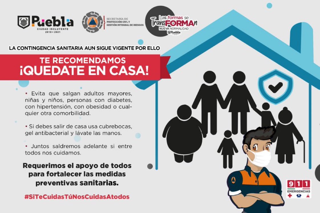 No arriesgues la salud de tu familia. En <a href="/PCPueblaCapital/">PC Municipal Puebla</a> exhortamos a la ciudadanía a no bajar la guardia
Si no es absolutamente necesario salir, #QuédateEnCasa  en caso contrario:
🔸Usa cubrebocas😷
🔸Lávate las manos🤲
🔸Desinfecta objetos
🔸Evita asistir a fiestas
