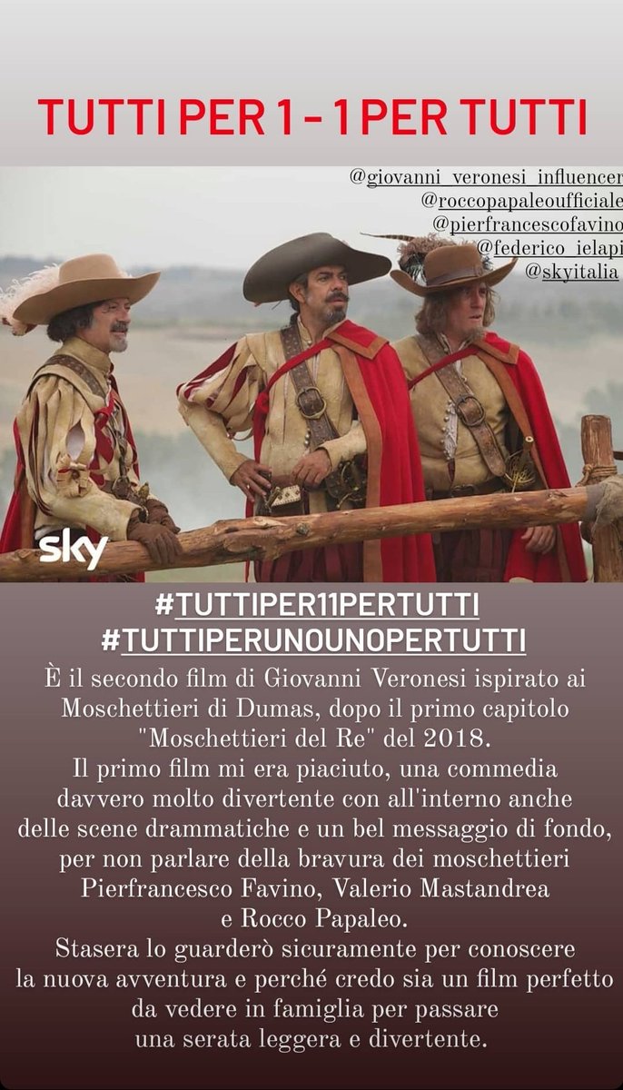 Questa sera, sera di Natale, su #skycinema @SkyItalia #tuttiperunounopertutti #giovanniveronesi #pierfrancescofavino @pfavino #valeriomastandrea #roccopapaleo #annaferzetti #federicoielapi #guidocaprino #giuliamichelini #itremoschettieri #tuttix1