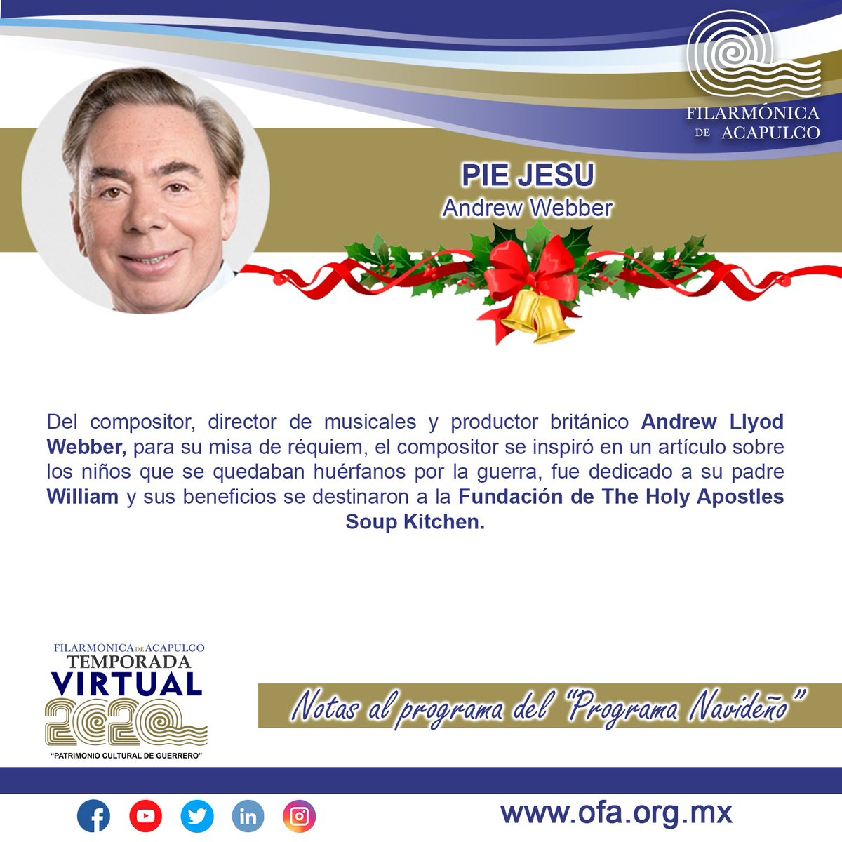 OFAcapulco's tweet photo. ¡Bienvenidos a este #ViernesDeOrquesta 🎼🎻 de la #TemporadaVirtual2020!
✨ Notas al programa de:🎄"Pie Jesu" de #Webber, "Rodolfo el reno" de #Marks, "All I want for Christmas is You" de #Carey, "Let it snow" de #Cahn &amp; #Styne
#ConciertoNavideño
#OFA @OFAmtroalvarez @mtroalvarez https://t.co/RJBMakGdaU
