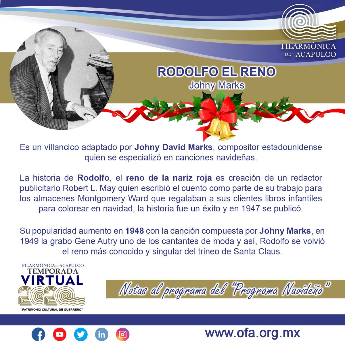 OFAcapulco's tweet photo. ¡Bienvenidos a este #ViernesDeOrquesta 🎼🎻 de la #TemporadaVirtual2020!
✨ Notas al programa de:🎄"Pie Jesu" de #Webber, "Rodolfo el reno" de #Marks, "All I want for Christmas is You" de #Carey, "Let it snow" de #Cahn &amp; #Styne
#ConciertoNavideño
#OFA @OFAmtroalvarez @mtroalvarez https://t.co/RJBMakGdaU