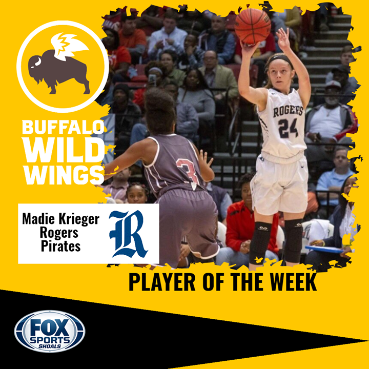 The Buffalo Wild Wings Fox Sports Shoals Player of the Week is Madie Krieger from Rogers High School. Congrats to Madie who is now in the running for the Buffalo Wild Wings Fox Sports Shoals Player of the Year.