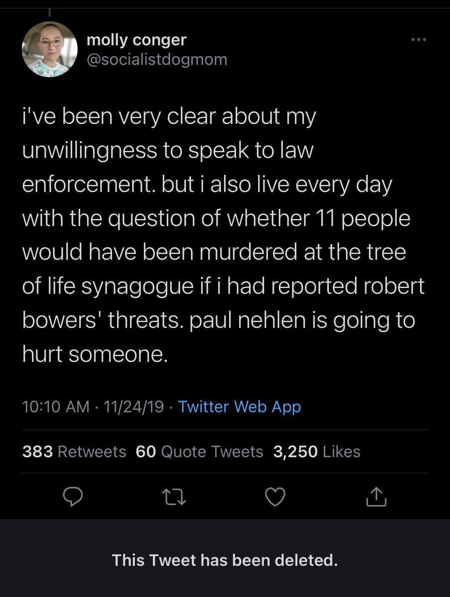 People are spreading  @socialistdogmom’s tweet without her clarification & it’s wildly misleading. Feeling guilty that an online Nazi who personally threatened her later committed a mass shooting isn’t ‘refusing to stop the Tree of Life shooting’ or however they’re portraying it.