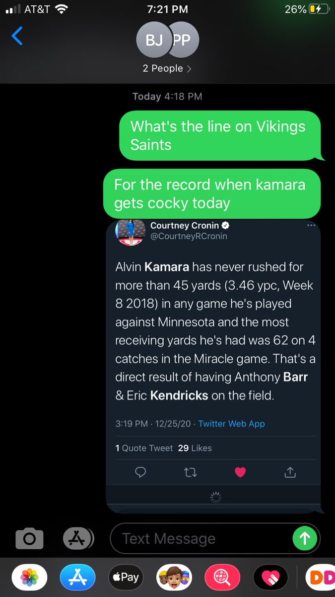 Matt_Peterss's tweet image. Thank you @CourtneyRCronin for giving me some ammo to defend the Vikings vs. Kamara today. It was greatly needed #checkthetimestamp