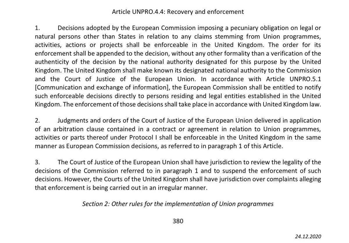 Government argue fact that the tribunals are not connected to ECJ, shows the win here on sovereignty ... only one reference in entire text to ECJ here on governance of UK access to EU programmes (eg Horizon), where ECJ arbitration judgements and orders will be enforceable in UK