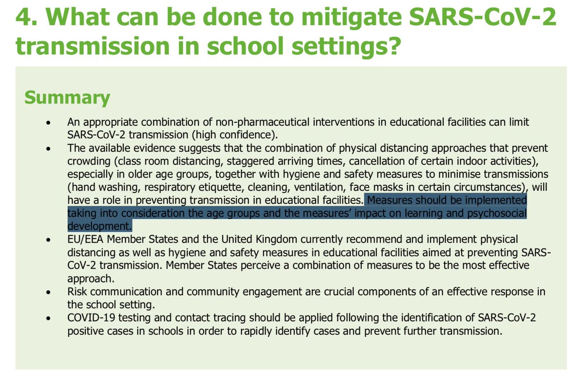 "[School mitigation] measures should be implemented taking into consideration the age groups and the measures’ impact on learning and psychosocial development." https://www.ecdc.europa.eu/sites/default/files/documents/COVID-19-in-children-and-the-role-of-school-settings-in-transmission-first-update_0.pdf