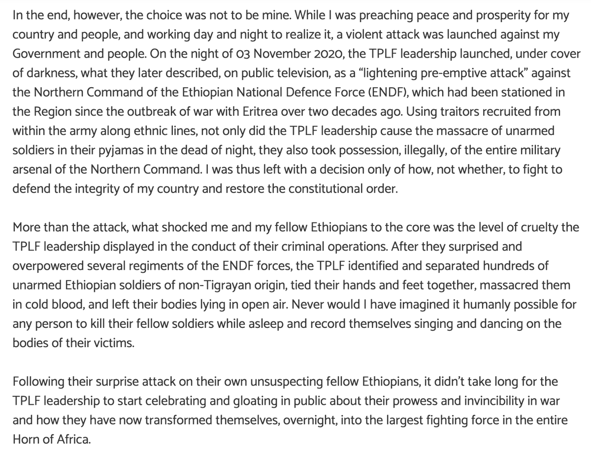 (2) The narration is not motivated by desire to make an assessment of the series of actions and inactions that resulted in  #Ethiopian Civill War, euphemistically known as Operation Law & Order. It's an image rehabilitation campaign for a Man of Peace, mired in multiple wars.