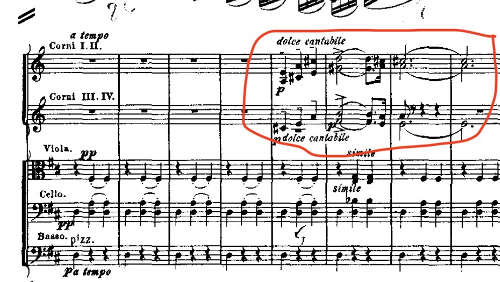 ok before I tweet the next part in the song, I gotta show the sheet music for it. It's the horn entrance at the beginning. It's just 4 measures but it is so gorgeous and it just makes ya feel sick in a good way. (for the curious: "dolce cantabile" = "sweetly singing")