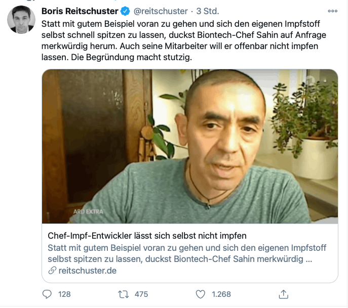 Jeder, der das Interview gesehen hat, weiß: Sahin geht es um das genaue Gegenteil, nämlich darum, seine Mitarbeiter so schnell wie möglich impfen zu lassen. Er sucht nach Möglichkeiten, sie in der Warteschlange nach vorne zu holen. 

Querdenker-Twitter ist zutiefst erbärmlich.
