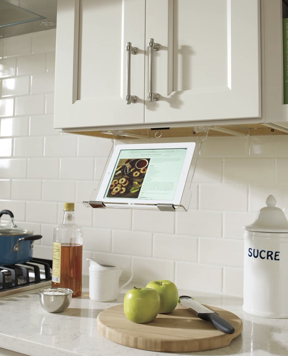 Under cabinet tablet/iPad holder is perfect for giving you extra countertop space when you need it.