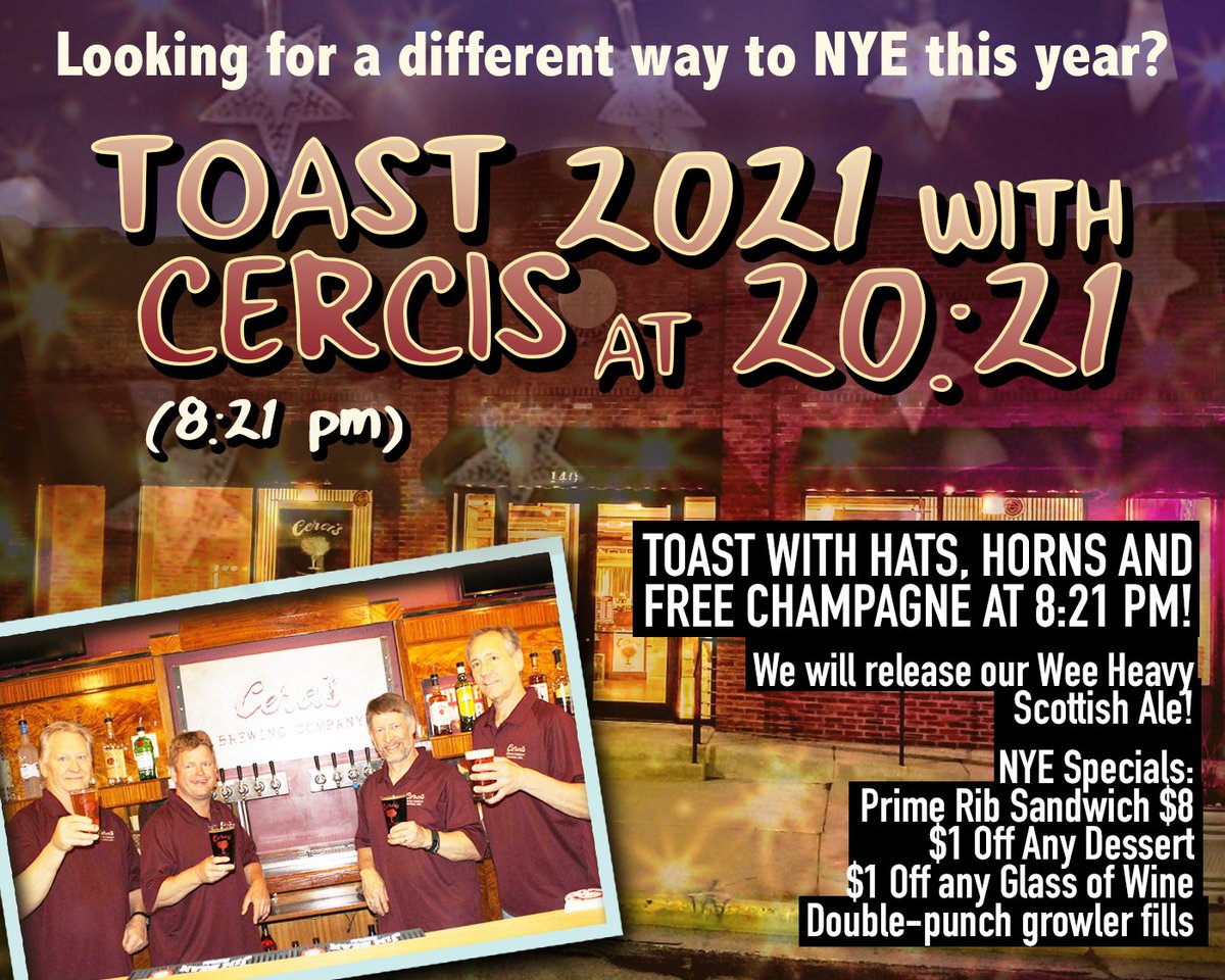 An early New Year celebration at Cercis next week. Come get your free glass of champagne and taste our debuting Wee Heavy Scottish Ale!