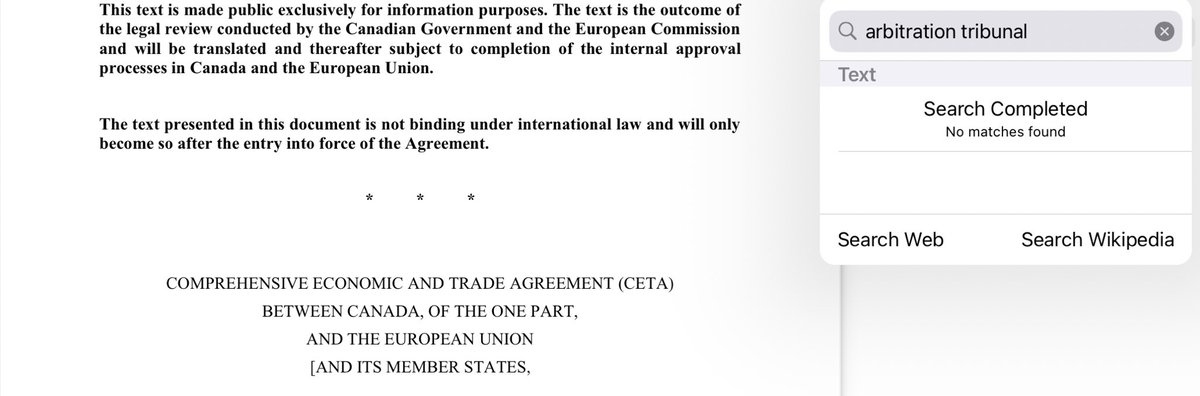 example of why its not CanadaThere is something called an “arbitration tribunal” with wide ranging powers to allow say retaliatory tariffs or more in “rebalancing” of future divergence... also referred to in eg fishing annexe..in fact 324 mentions in agreement text. Not in CETA