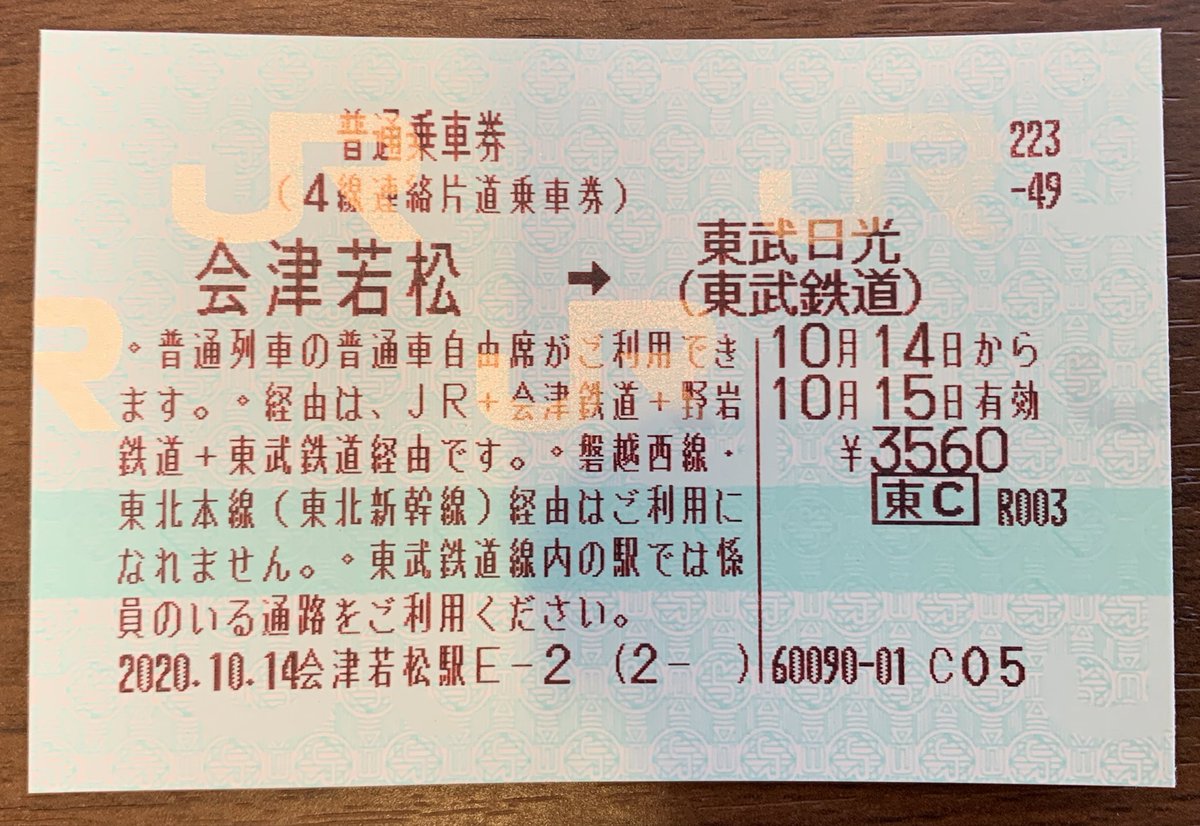 4線連絡片道乗車券】 会津若松⇔鬼怒川温泉・下今市・東武日光・新鹿沼