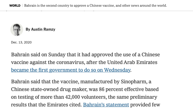 backdrop that there is persistent, widespread distrust towards Chinese official numbers in the Western countries.Instead of Beijing announcing the efficacy numbers of Chinese vaccines, it's now Turkey/UAE/Brazil/Bahrain announcing their own numbers. Unless