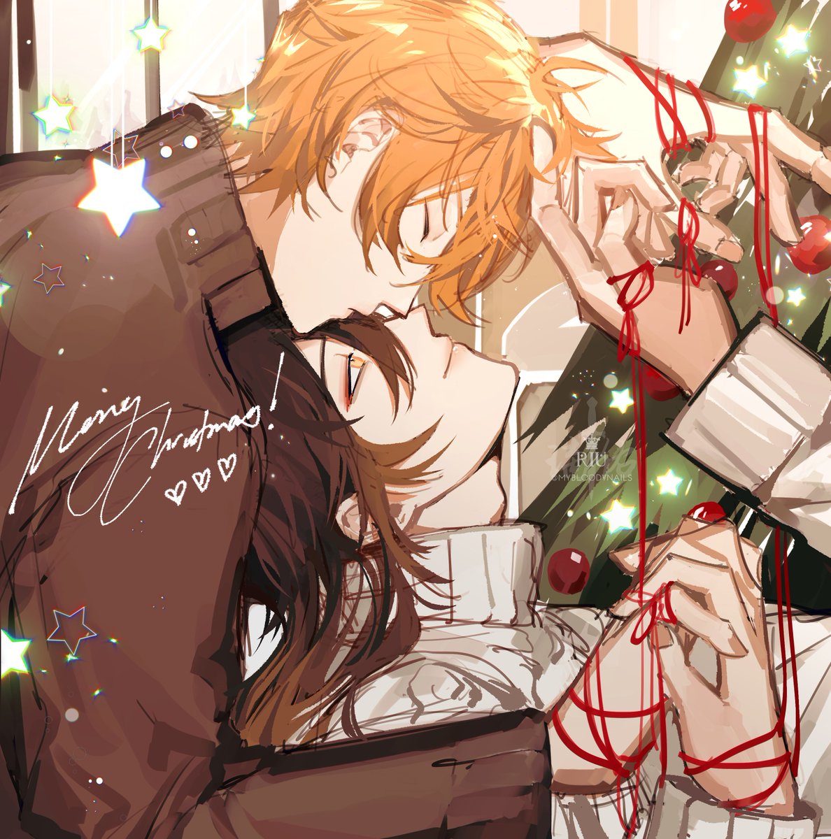 zhongli (genshin impact) yaoi multiple boys 2boys male focus brown hair orange hair christmas  illustration images