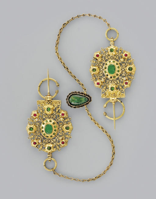 13 - A pair of gemset gold fibulae (late 18th century, city: Fez) (link:  https://www.christies.com/lot/lot-a-pair-of-moroccan-gemset-gold-fibulae-4979785/?from=searchresults&intObjectID=4979785)Gold all in my chain my chain....