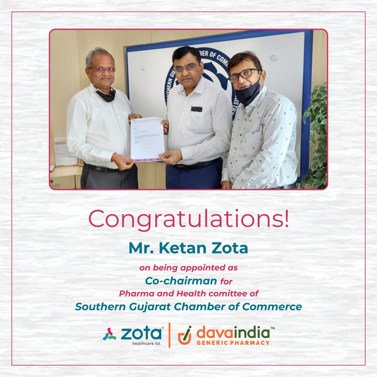 davaindiameds's tweet photo. A proud feeling for team Zota Healthcare Ltd. & Davaindia Generic Pharmacy. Mr Ketan Zota has been appointed as the Co-Chairman for Pharma & Health committee of The Southern Gujarat Chamber of Commerce & Industry.
#ZotaHealthCare #Davaindia #KetanZota #SGCCI #CoChairman https://t.co/pEYbATp8QJ