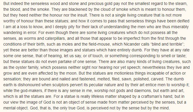 This is from Clement of Alexandria. There are numerous other early Christians who wrote the same thing. Celsus even pointed out how Christians always made this sort of argument. Or "I smashed an image of Zeus, nothing happened, Zeus is powerless hahaha" sort of arguments.