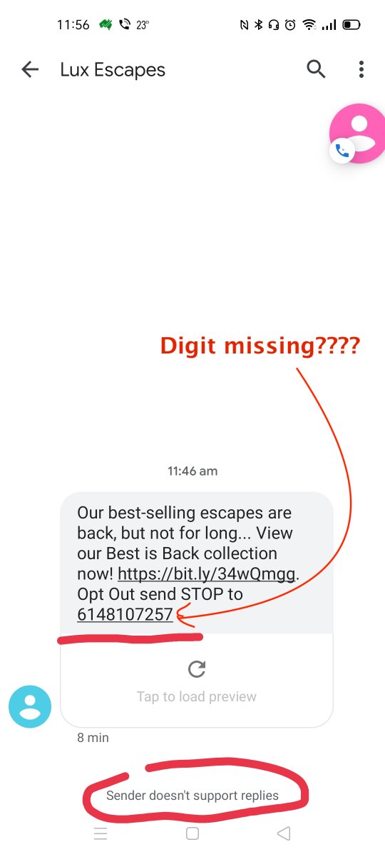 slippingdownman's tweet photo. @Lux_Escapes if you're going to send SMS to poeple and don't support replies but provide a different phone number for opt out, maybe that number should be complete and not missing a digit?? https://t.co/VWPhjLihYx
