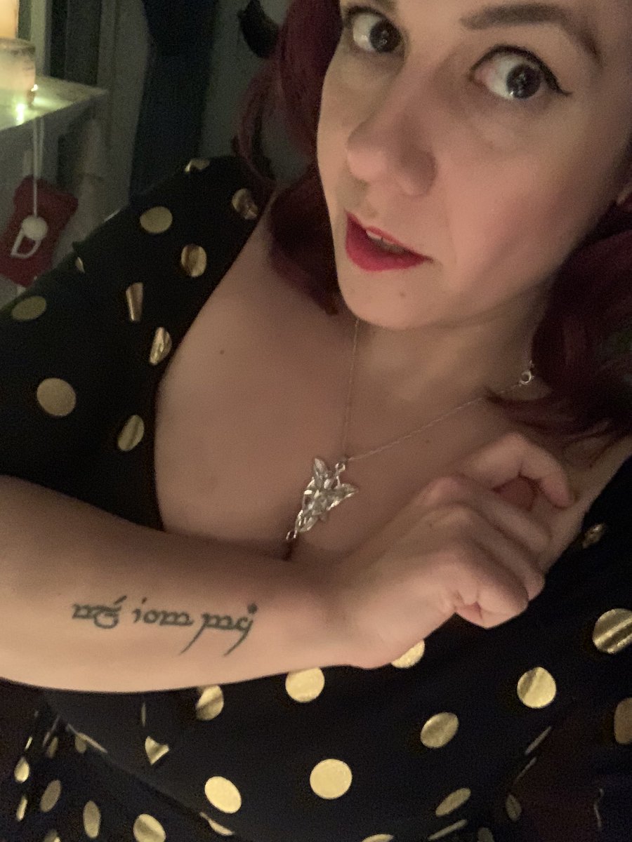 StefBigly's tweet photo. This Lord of the Rings fanatic is very excited about her Christmas present this year. @ShambazzleGames you did good. You’ll always be my Aragorn. #soulmates #evenstar #lordoftherings #LOTR #TolkienChristmas #memorabilia #christmaspresents #elvish https://t.co/fazwOOQksS