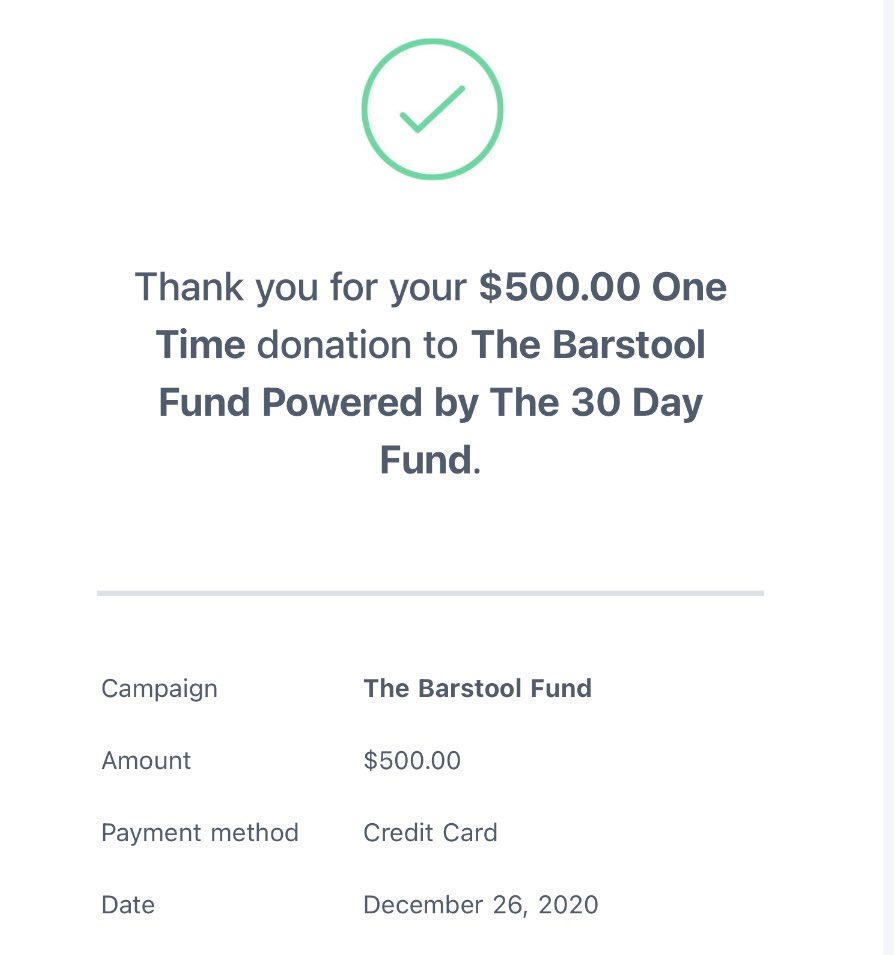 Here’s a donation to the #barstoolfund from my parents! <a href="/stoolpresidente/">Dave Portnoy</a>🎄🙌🏻