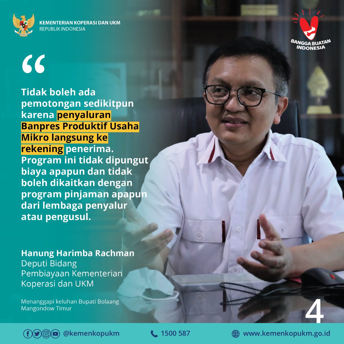 Dari total 12 juta pelaku UKM yang mendapatkan bantuan hibah masing-masing Rp2,4 juta, sebanyak 44% atau sekitar 5,25 juta orang adalah usulan daerah.

#BanpresProduktifUsahaMikro
#SiapBersamaKUMKM
#KemenkopUKM