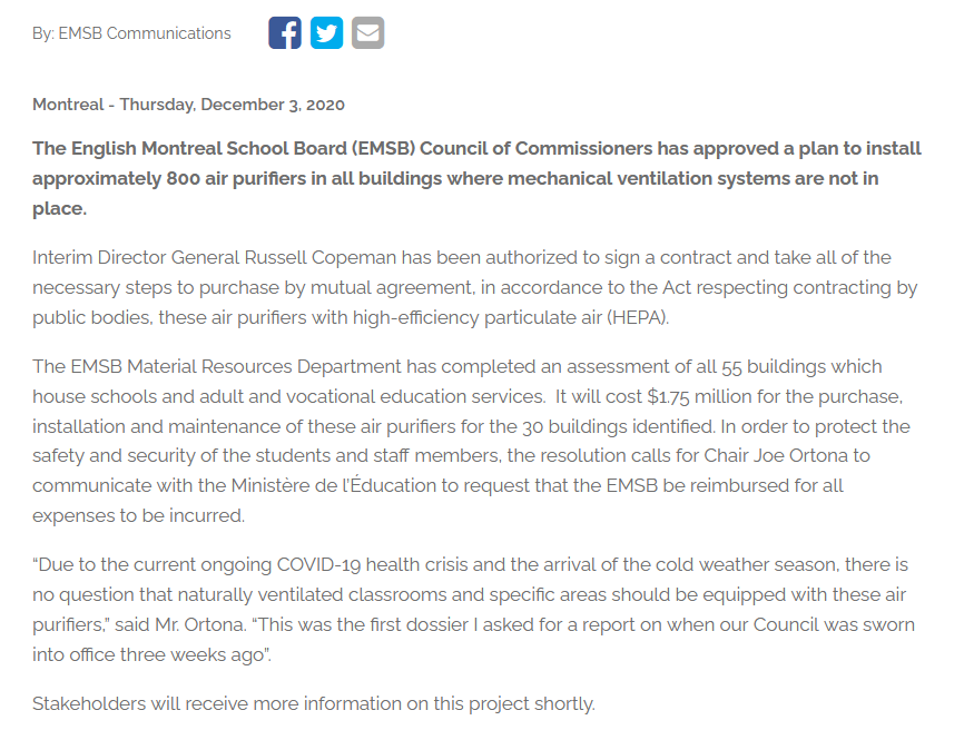 9) Students will return to class on Jan. 11. The government should heed the non-partisan advice of experts and do what the English Montreal School Board has done: purchase air purifiers in classrooms without mechanical ventilation.