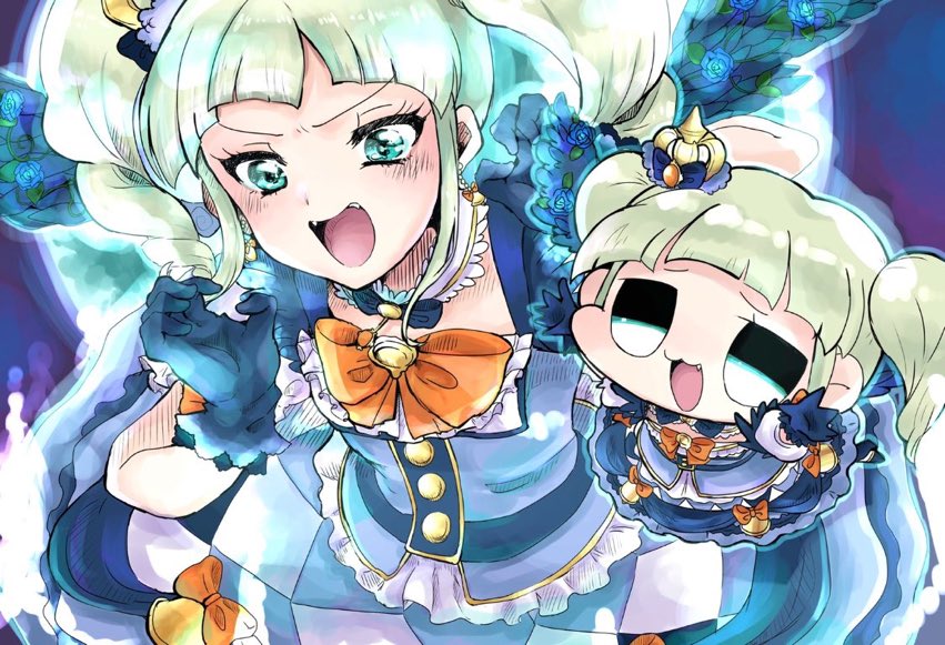 toudou yurika open mouth dual persona gloves wings fangs twin drills smile  illustration images