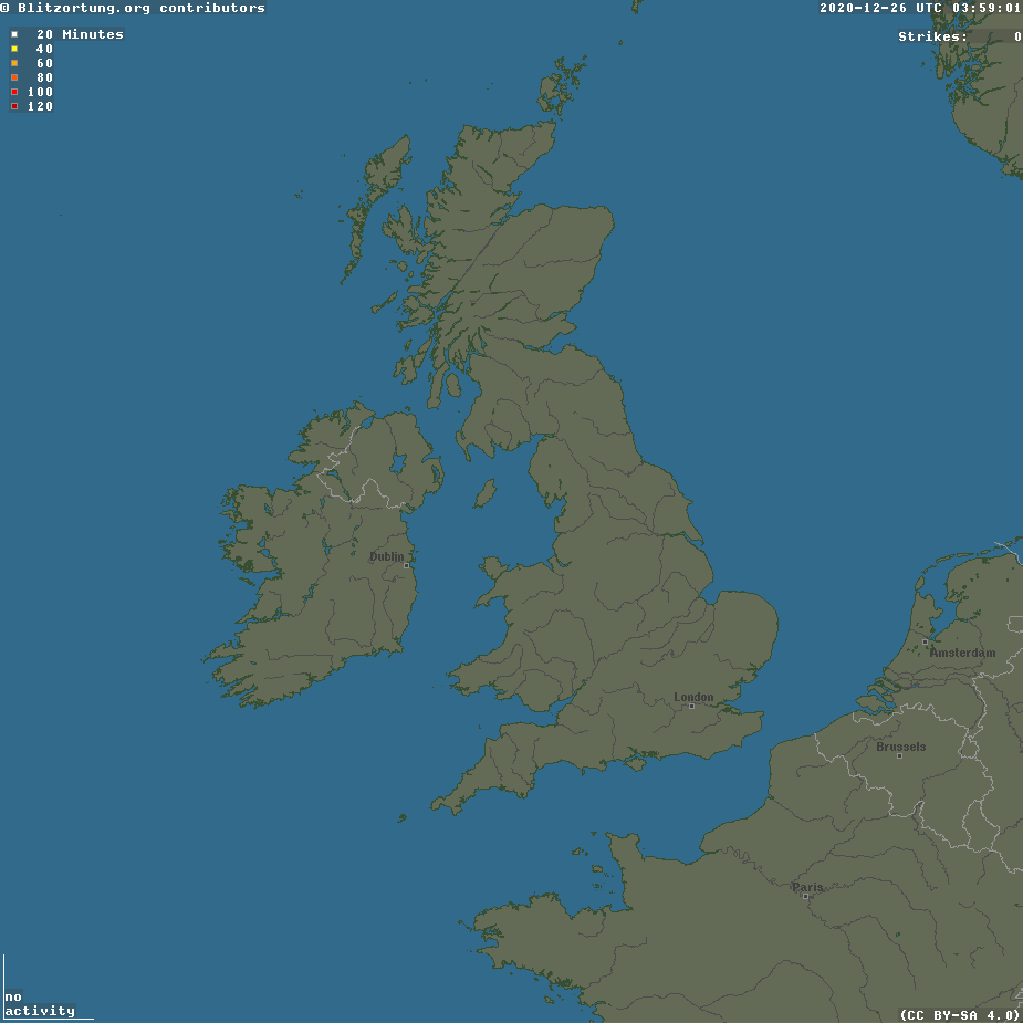 Latest update of UK temperatures, wind, satellite image (showing cloud cover), and lightning activity.
