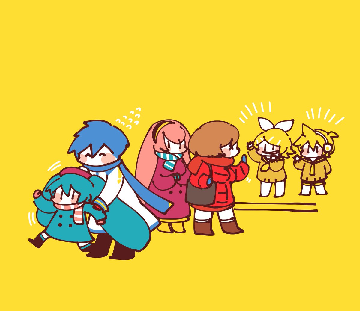 hatsune miku ,kagamine len ,kagamine rin ,kaito (vocaloid) ,megurine luka ,meiko (vocaloid) blue scarf scarf multiple girls coat multiple boys brown hair pink hair  illustration images