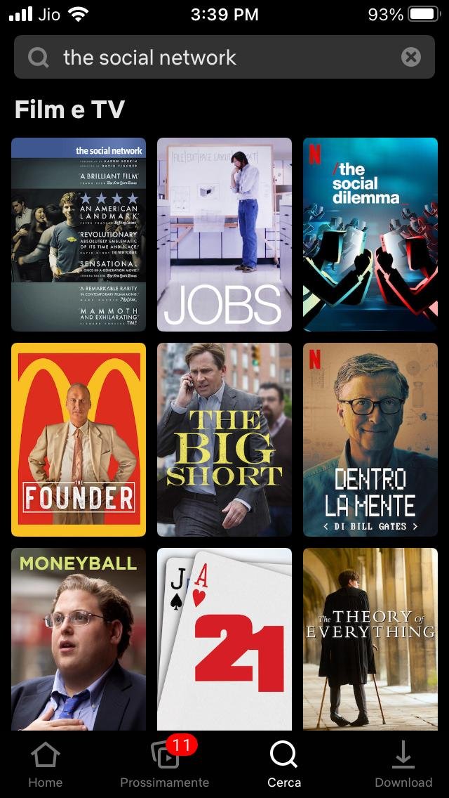 4/ MetaData helps during search optimization and for providing recommendations to the users. Like in the case of the below search on Netflix, "The Social Network" (Story of FB). Along with my search, Netflix also recommended me similar movies, like Jobs and The Founder.
