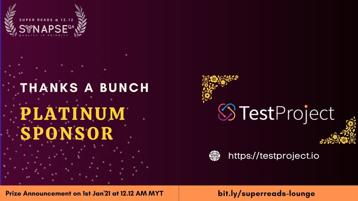 synapse_qa's tweet photo. A big thank you from us, @TestProject_io we are grateful for your support to #superreads
Check out TestProject: https://t.co/ovzOGd0PPq
👉 #superreads lounge: https://t.co/WBnDsfMIm9
#testing #superreads #softwaretesting #sponsor #TestProject #synapseqa https://t.co/8ei3ClfEws