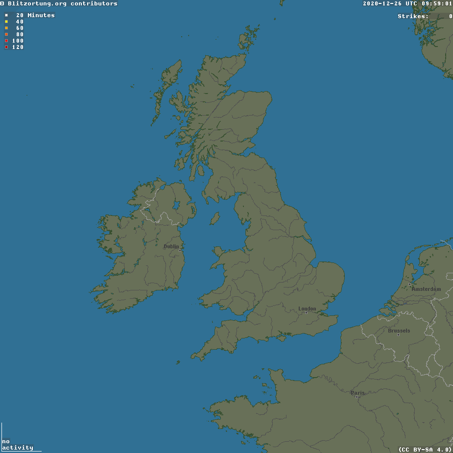 Latest update of UK temperatures, wind, satellite image (showing cloud cover), and lightning activity.