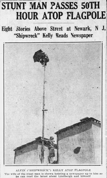 started by an actor named alvin "shipwreck" kelly, he inspired many people to sit on top of poles, wanting to try and beat his initial 13 hours. the final 1920s world record was set by a man named bill penfield, who sat on one for 51 days uninterrupted until a thunderstorm (2/2) 
