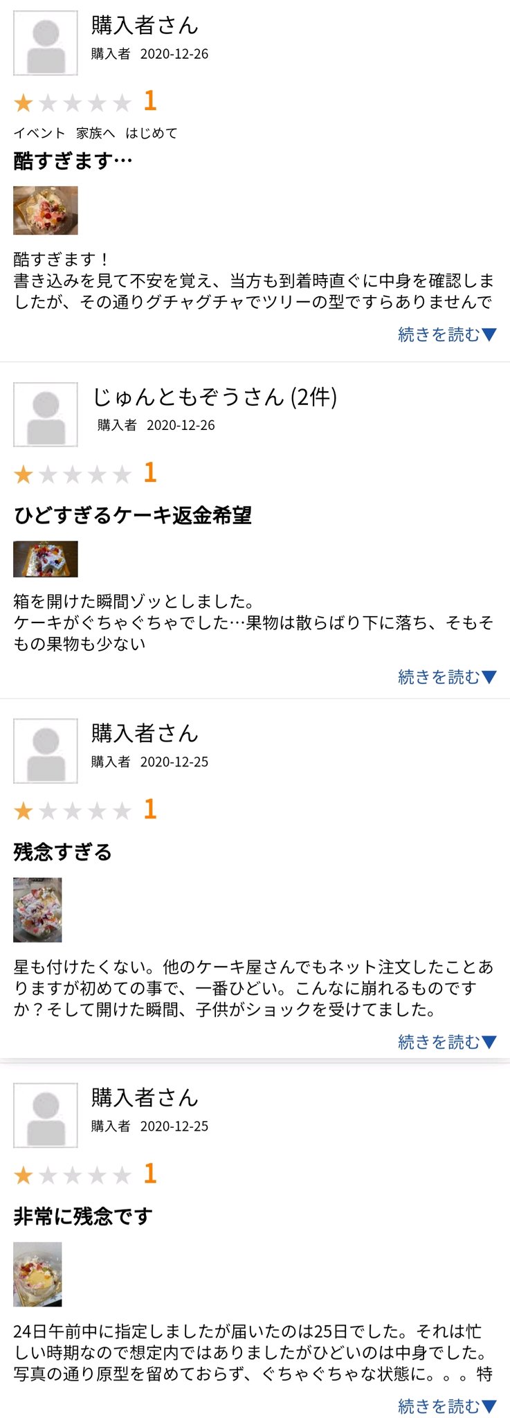 滝沢ガレソ 楽天市場にてクリスマスツリーをモチーフにしたクリスマスケーキが発売 人気で完売 届いたケーキが崩れまくりで店のレビュー欄が阿鼻叫喚 中には 23日発送と言われたのに25日に発送されクリスマスに間に合わなかった 等の書き込みも