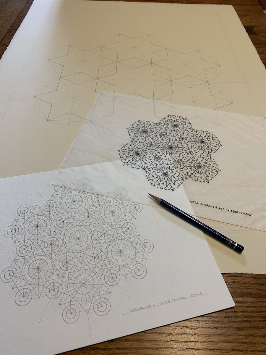 Beginning of a large tile design based on the Persian Orosi glass pattern. The traditional method for finding the geometry behind this one is intense. 

#interiordesign #islamicart #geometricart #tiledesign #patterndesign #islamicpattern #orosiglass #persianart
