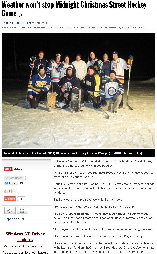 The  @winnipegsun even did a story on us. "Midnight Madness: Weather won't stop Midnight Christmas Street Hockey Game". Tessa Vanderhart did a nice little phone interview with  @robinhoodnorth showcasing our Christmas Tradition... and how cold it could get.