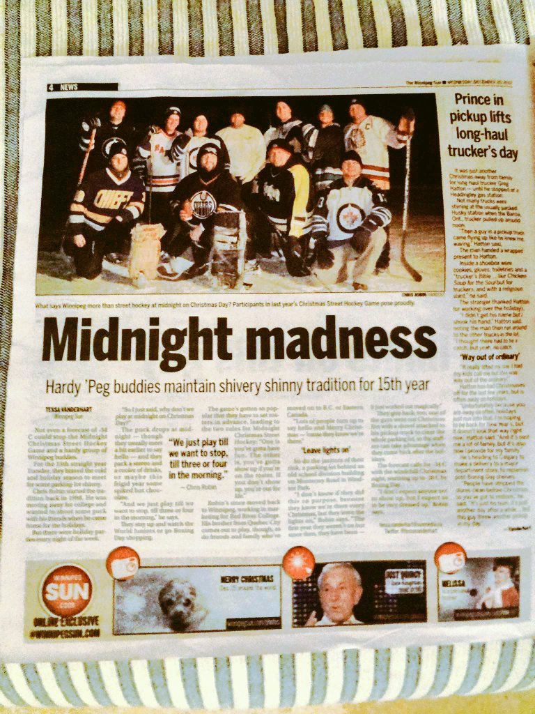 The  @winnipegsun even did a story on us. "Midnight Madness: Weather won't stop Midnight Christmas Street Hockey Game". Tessa Vanderhart did a nice little phone interview with  @robinhoodnorth showcasing our Christmas Tradition... and how cold it could get.