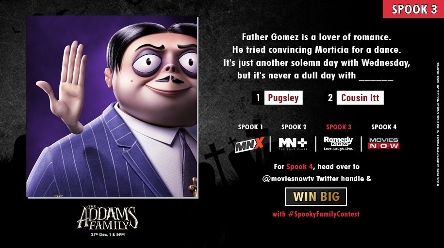 RomedyNow's tweet image. Spooky Greetings to Round 3.
It's time for you to fill in the rhyme! 
Round 4 awaits you @moviesnowtv Twitter.
Do not forget to use the #SpookyFamilyContest hashtag and tag your buddies.