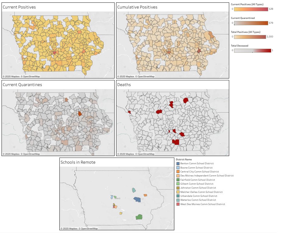  https://iowacovid19tracker.org/covid-19-in-our-schools is now updated for 12/25/2020 (Christmas Day).There are 294 public school districts, parochial schools, preschools, daycares, and bus systems.There are 39 colleges/universities./1