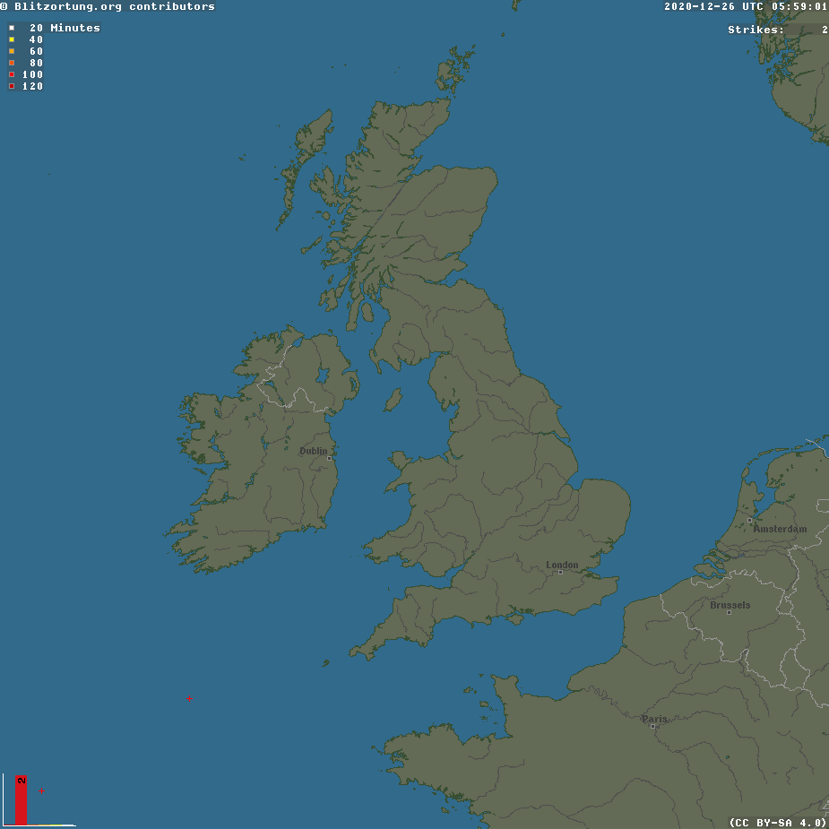 Latest update of UK temperatures, wind, satellite image (showing cloud cover), and lightning activity.