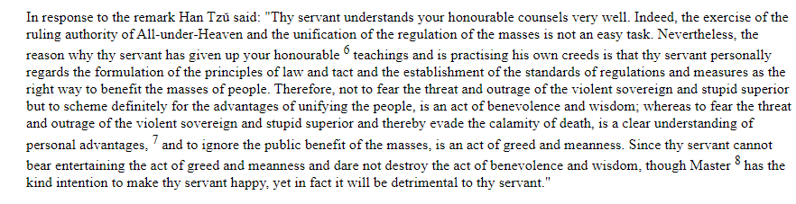 Weirdly, we find a similar take in the place we might least expect it: in the Han Feizi.  http://www2.iath.virginia.edu:8080/exist/cocoon/xwomen/texts/hanfei/d2.42/1/0/bilingual