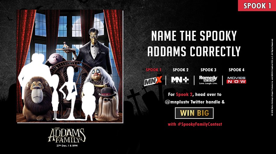 MNXMovies's tweet image. Guess the Addams in the right order and you're done with this haunting ride.
Drop in your answers and do not forget to use the #SpookyFamilyContest hashtag, tag your buddies and move to @mnplustv for Spook 2.