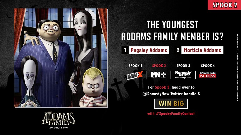mnplustv's tweet image. Boo! It's spook #2.
Name the wild youngest of the Addams Family to enter the next round. 
Spook 3 awaits you at @RomedyNow Twitter handle.
Do not forget to use the #SpookyFamilyContest hashtag and tag your buddies.