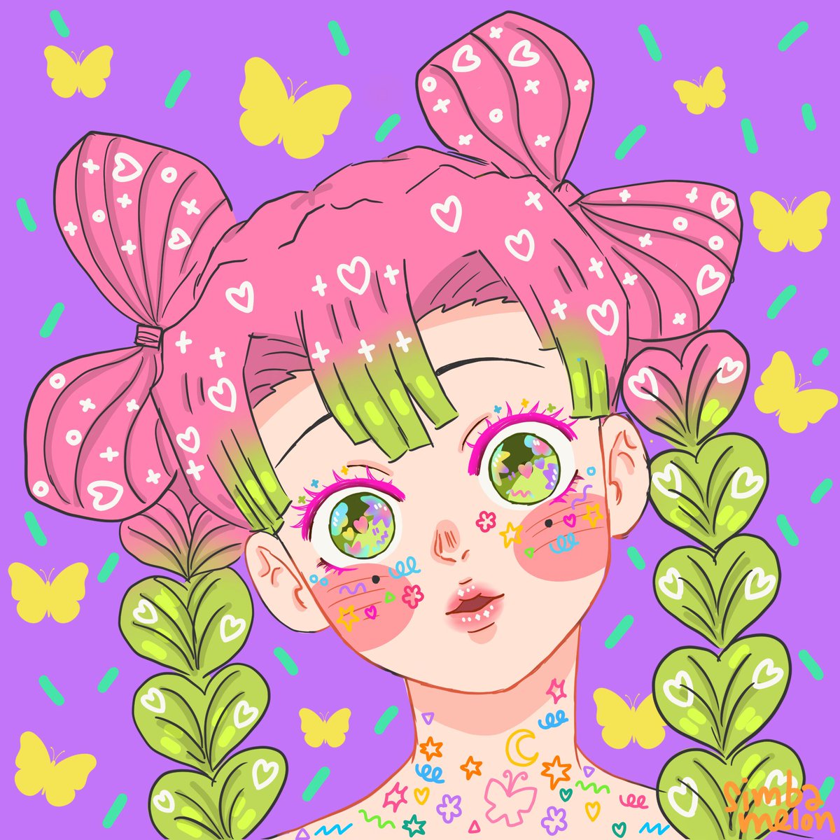 kanroji mitsuri 1girl green hair braid solo butterfly heart pink hair  illustration images
