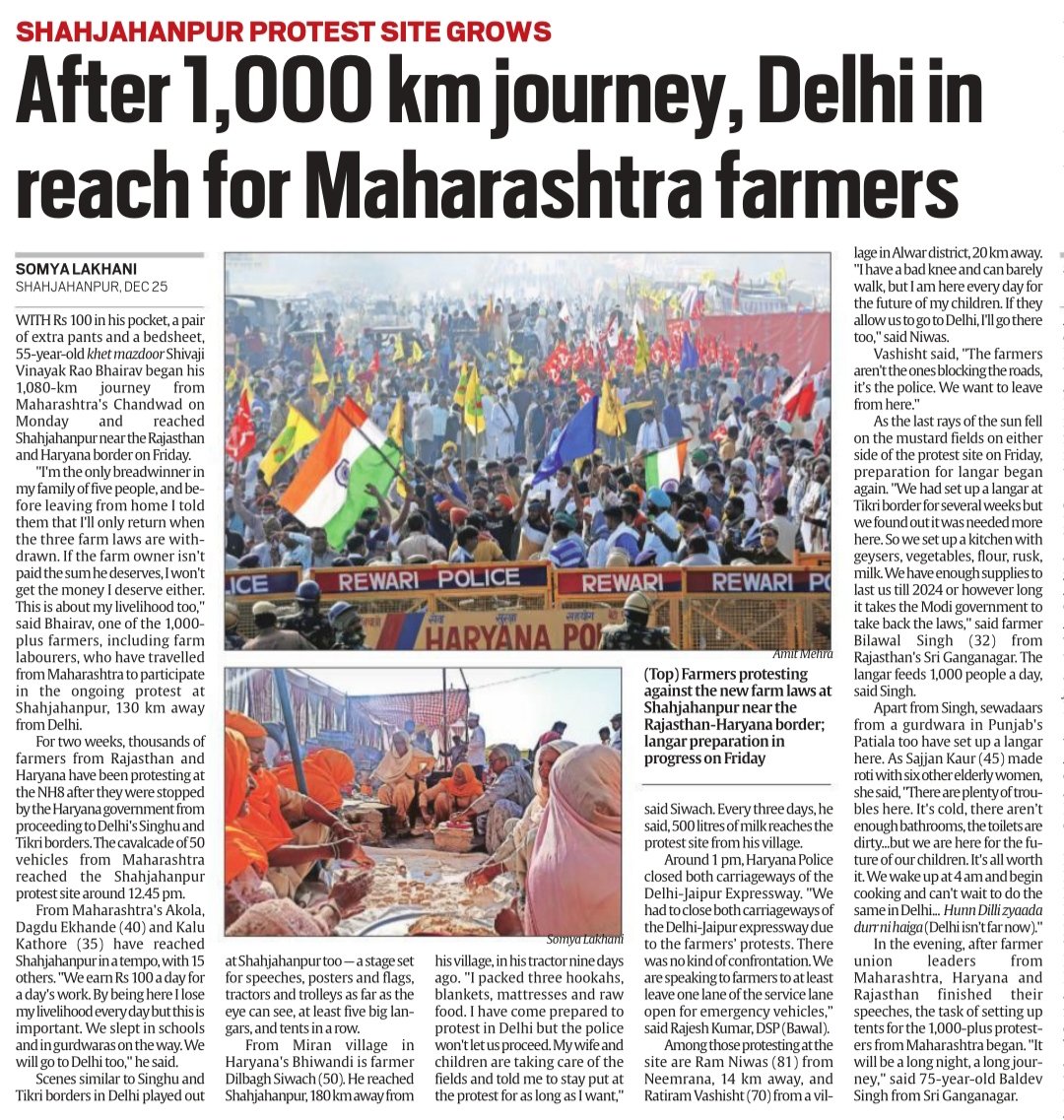 Khet mazdoor Shivaji from  #Maharashtra's Chandwad reached  #Shahjahanpur -- 1,080 km away -- with Rs 100, a bedsheet, & resolve. "Not going home till farm laws withdrawn," he said. My report from the protest site 130 km away from Delhi, where  #FarmersProtest on for 2 weeks: