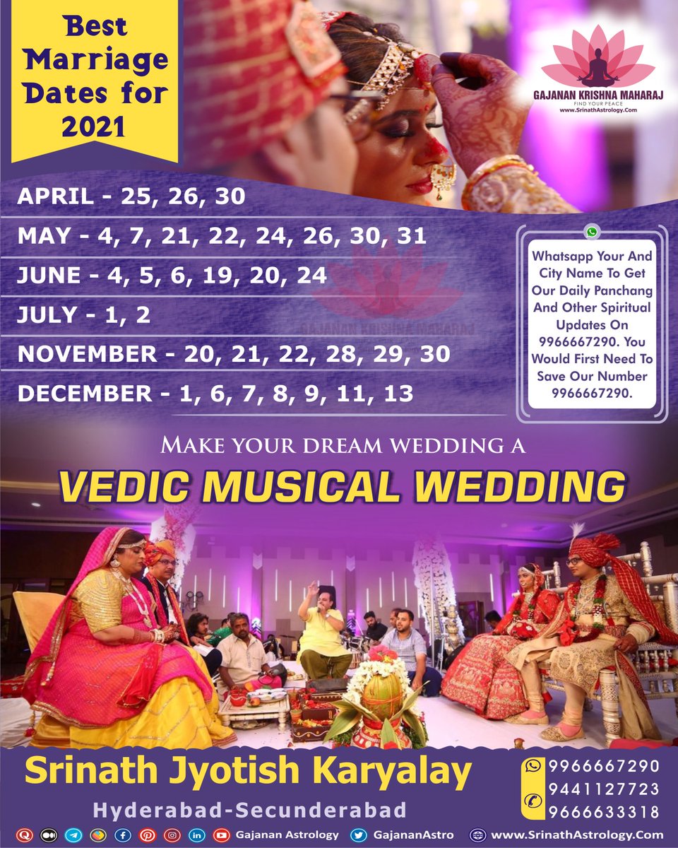 Gkmastrology's tweet photo. Best Marriage Dates For Year 2021. साल 2021 के श्रेष्ठ विवाह मुहूर्त
#MarriageDatesin2021 #BestMarriageDatesIn2021 #GajannaKrishnaMaharaj #GKM #GajananSays #TechyPanditJi #BestAstrologer #HinduMarriage #HinduMarriageDates #MusicalWedding #VedicWedding #VedicMusicalWedding https://t.co/iaf1jCsFS3