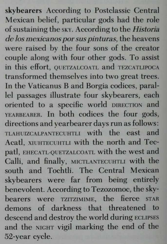 For example, Miller and Taube describe that the Four Directions were aligned with the "Four Skybearers", who (according to their research) were Quetzalcoatl, Xiuhtecuhtli, Tlahuizcalpantecuhtli, and...Mictlantecuhtli himself.