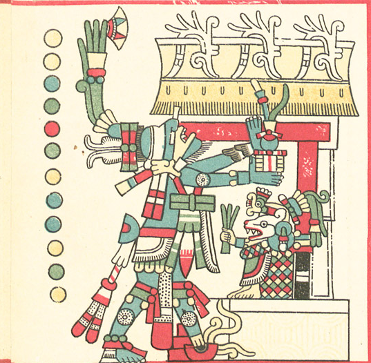 Johannes also pointed out that there is some sort of blue figure who looks like Tezcatlipoca in the Codex Fejéváry-Mayer but that this version doesn't seem related to Huitzilopochtli in the slightest (also his eyes are missing and it's slightly horrifying).