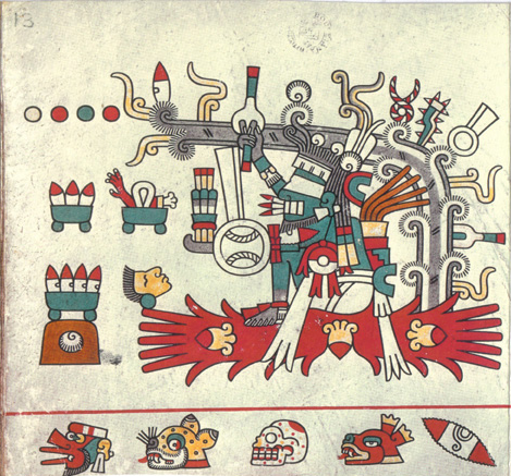 Johannes also pointed out that there is some sort of blue figure who looks like Tezcatlipoca in the Codex Fejéváry-Mayer but that this version doesn't seem related to Huitzilopochtli in the slightest (also his eyes are missing and it's slightly horrifying).