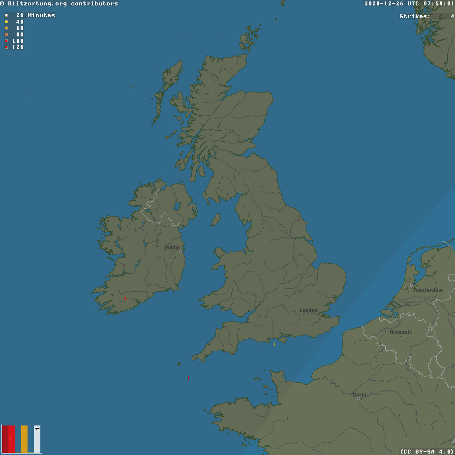 Latest update of UK temperatures, wind, satellite image (showing cloud cover), and lightning activity.